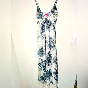 She’s Cool Blue & Grey Floral Pattern with White Adjustable Strap Maxi Dress